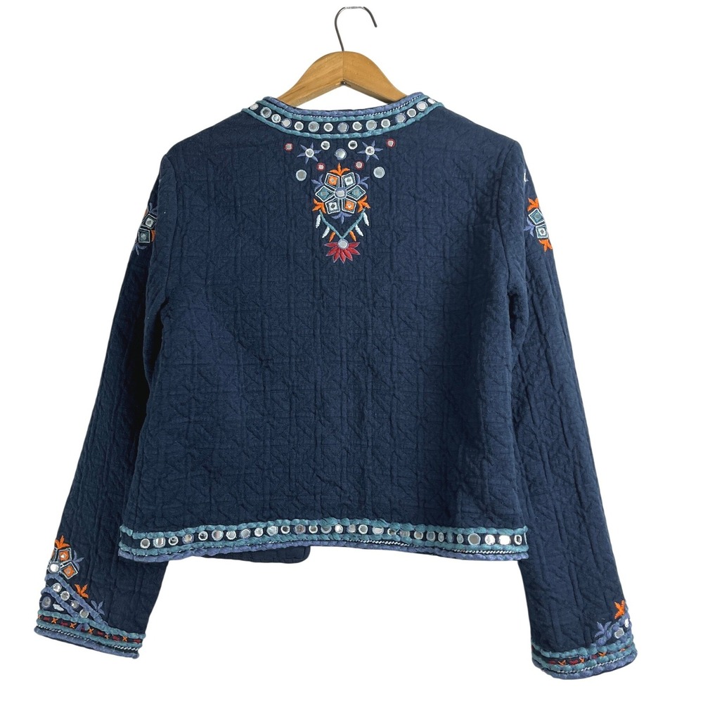 Temperance Navy Blue Embroidered Mirror Work Quilted Boho Jacket L - Picture 3 of 12